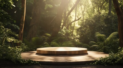 The wooden stage is located in the middle of a dense forest. The sunlight shines through the trees and creates a magical atmosphere.