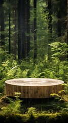 The wooden stump in the middle of the green forest with blurred background.
