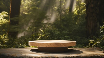 The wooden table in the middle of the forest with bokeh light.