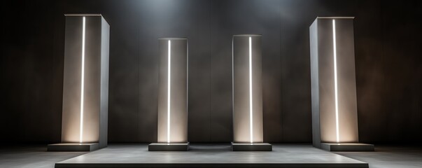 Glowing monoliths stand on a dark stage.