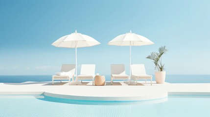 White beach chairs and two white beach umbrellas on a white concrete platform in the middle of an infinity pool overlooking the ocean.