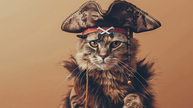 A sleek cat dressed as a pirate with a detailed eye-patch and a small hat