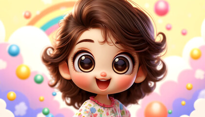 Fototapeta premium A charming and delightful digital animated young girl with large expressive eyes and a joyful smile. Design. Cover. Wallpaper.