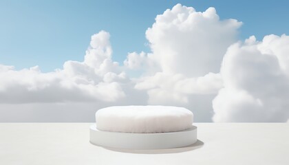 White podium with blue sky and clouds background.