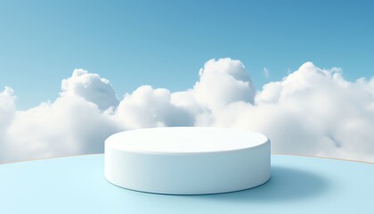 White podium with blue sky and clouds background for product showcase. 3D rendering.
