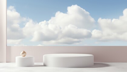 Minimalist white podium nestled among gentle cottonlike clouds, creating a tranquil and heavenly setting.