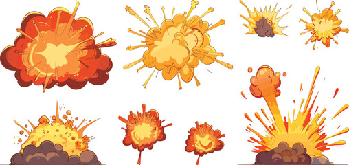 Cartoon explosion. Bomb and dynamite explode effect, gameplay element. Vector isolated set