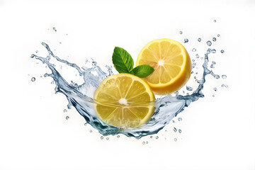 A vibrant lemon water splash isolated on a white transparent background, PNG format. Featuring lemon fruit slices, leaves, and water splashes, with background water waves and citrus pieces and mint