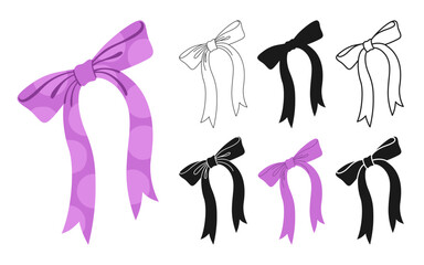 Obraz premium Ribbon bows dotted symbol set. Trendy holiday tape sign for celebrations silhouette, icon linear design. Cute cartoon bow knot gift ribbon party accessory. Glamour hand drawn vector illustration