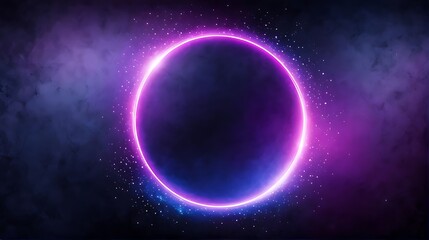  pink circle light frame on black background. Pink light effects on round placeholder for your text on dark background. A blue glowing circle. For futuristic or technology-themed designs 