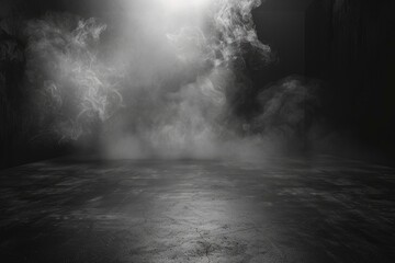 Abstract image of dark room concrete floor. Black room or stage background for product placement.Panoramic view of the abstract fog. White cloudiness, moves on black background   - generative ai