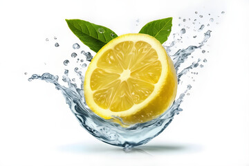 A vibrant lemon water splash isolated on a white transparent background, PNG format. Featuring lemon fruit slices, leaves, and water splashes, with background water waves and citrus pieces and mint