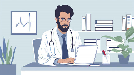 doctor sitting at the desk using laptop for remote consultation, modern digital technology use in medical field 