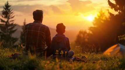Adult and child sitting on grass watching sunset near tent