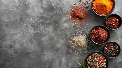 Various colorful spices in small bowls on dark textured background, top view, space for text
