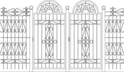 vector illustration, sketch, design, fence gate ornament, old classic vintage ethnic traditional jalousie iron decoration