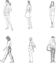 vector illustration sketch design drawing of a fashionable woman doing activities