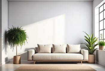white wall living room with white sofa and green plant