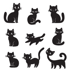 set of black cats silhouettes on white	