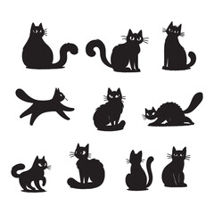 set of black cats silhouettes on white	