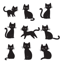 set of black cats silhouettes on white	