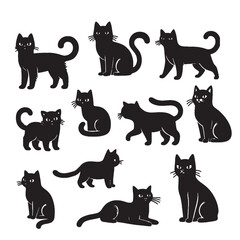 set of black cats silhouettes on white	