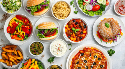 Savoury Collection of Vegan Delicacies – Salad, Burger, Soup, Spaghetti, and Pizza