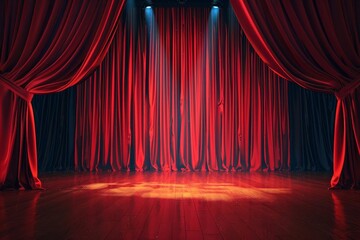 dramatic red curtains parting to reveal spotlit empty stage anticipating performance concept illustration
