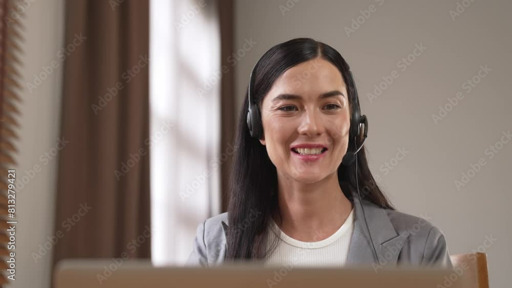 Aufkleber female call center operator or customer service helpdesk staff working on workspace while talking on