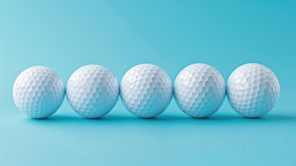 Five white golf balls aligned on blue background