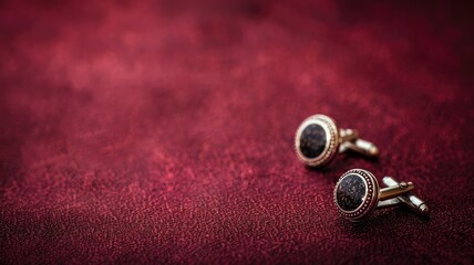 Pair of round cufflinks with dark insets on textured burgundy background