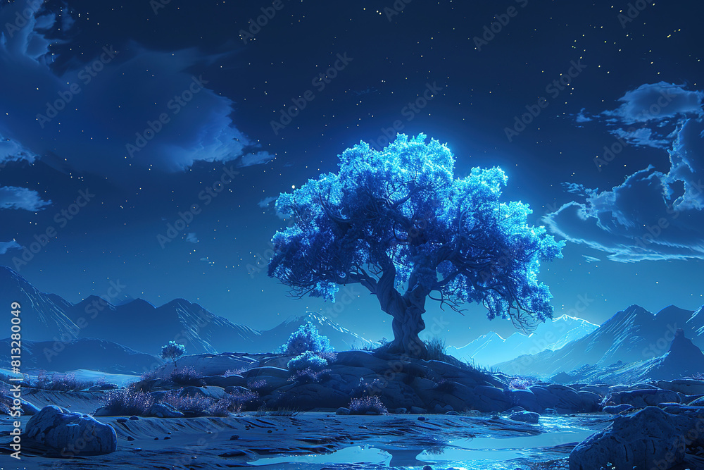 Poster a large tree is standing in a field of grass and rocks