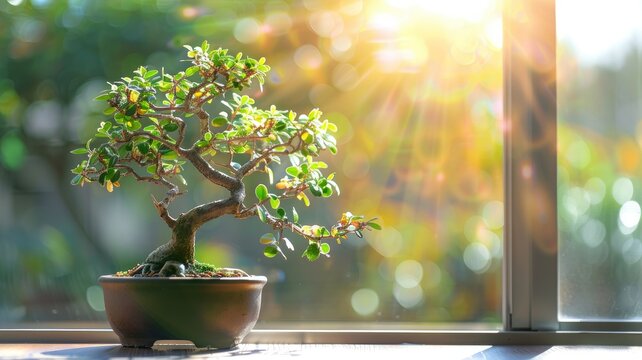 Bonsai tree in pot on table with sun shining through foliage background