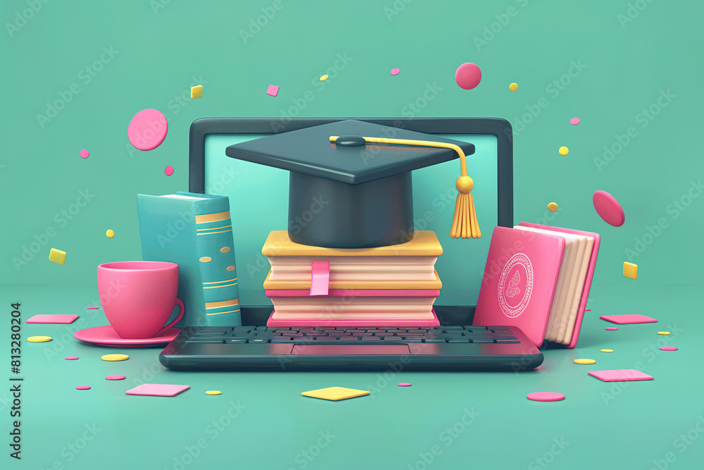 Poster a laptop with a cap on top of it and a stack of books next to it