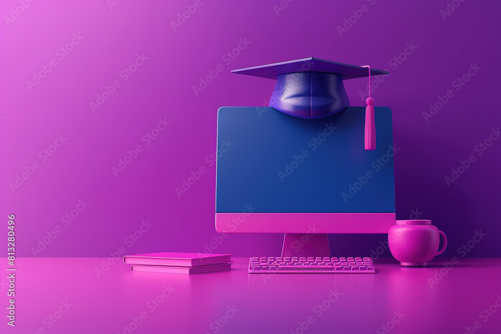 Aufkleber a computer monitor with a graduation cap on top of it