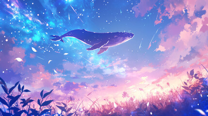 whale fly in the night sky