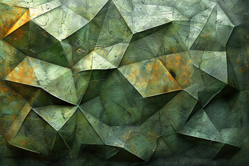 A green and brown abstract painting with a lot of triangles