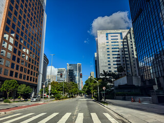 City and streets of Sao Paulo, Brazil. Vila Olimpia neighborhood. Gomes de Carvalho Street. South America.