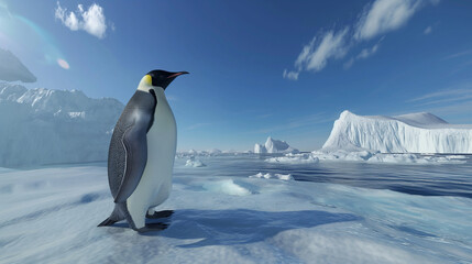 Fototapeta premium Emperor penguin in the Antarctic landscape, Icebergs and snow in the background