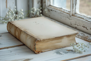 A book is sitting on a wooden table with a window behind it