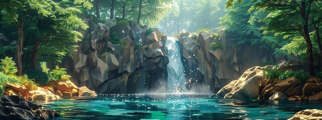 Geometric low poly waterfall in a lush forest.