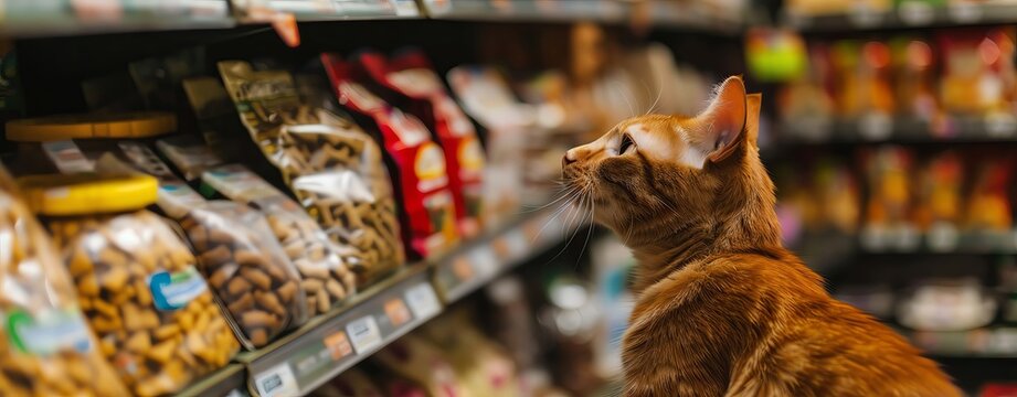 A ginger cat is exploring the pet food aisle at an outdoor grocery store, curiously observing different types of dog and cats foods on shelves. The vibrant colors and textures of each product stand ou