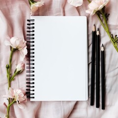 A blank white spiral notebook with black pencils beside it, placed on a table next to flowers. The background is a muted pink linen fabric. Minimalist flat lay photography in a top view style.