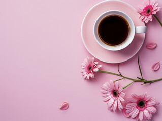 flatlay topview of a cup of coffee and flower on pastel background -ai