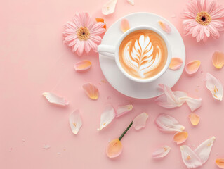 flatlay topview of a cup of coffee and flower on pastel background -ai
