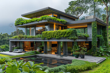 Obraz premium A large house with a pool and a garden on the roof