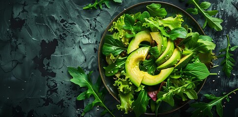 Photo of a salad with avocado and greens on a dark background, top view for design stock photo, stylish in the style of food photography, studio light, high resolution, hyperdetailed