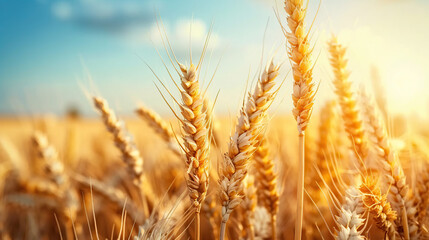 Fototapeta premium Close up wheat field at golden hour, bathed in warm sunlight, whole grain field. Generative AI