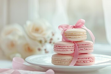 elegant macaron stack ribbontied cookies on white ceramic plate food photography - Powered by Adobe