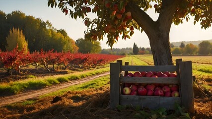 A quaint countryside farm during harvest season, rows of apple trees stretching towards the horizon